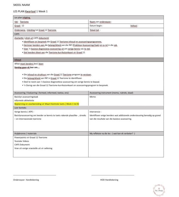 Graad 12 Toerisme Lesplanne ( Hele jaar)