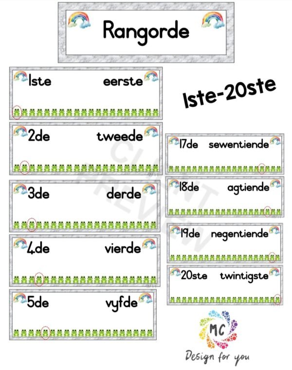 Rangorde 1-20 Flitskaarte (Reenboog tema)