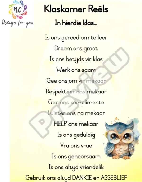 Klasreels plakkaat (Uiltjie Tema)
