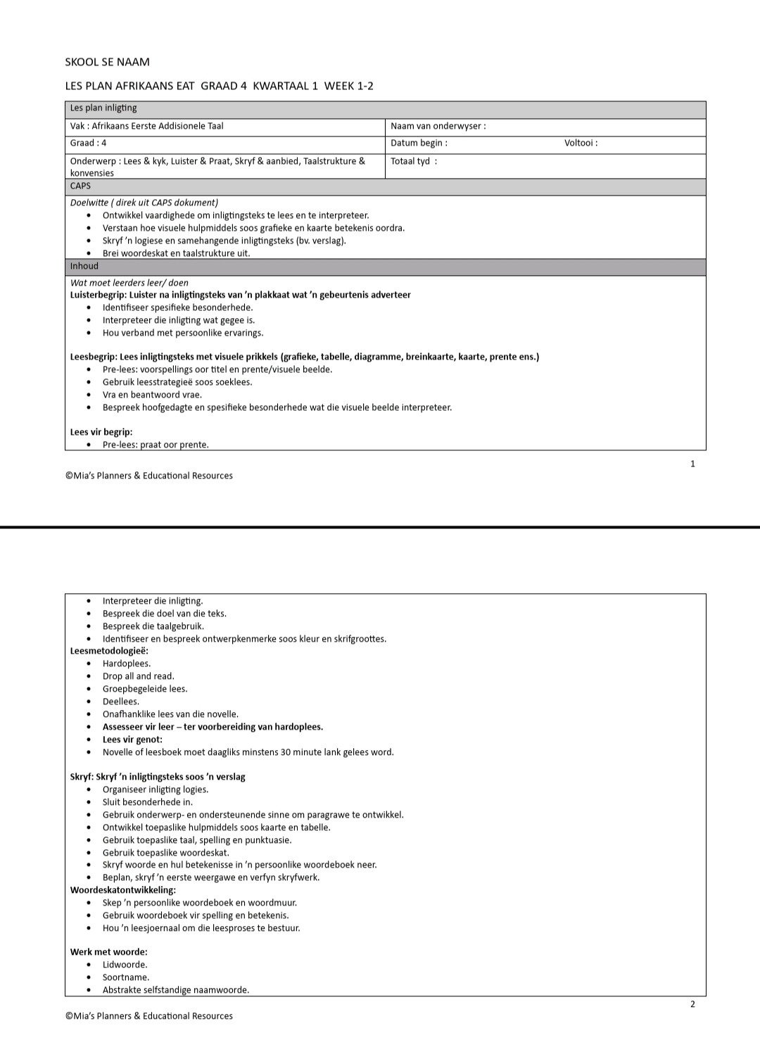 Graad 4 AEAT Lesplanne
