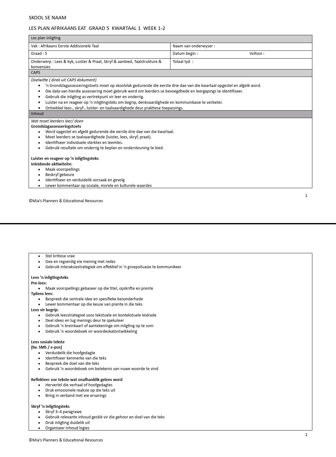 Graad 5 AEAT Lesplanne