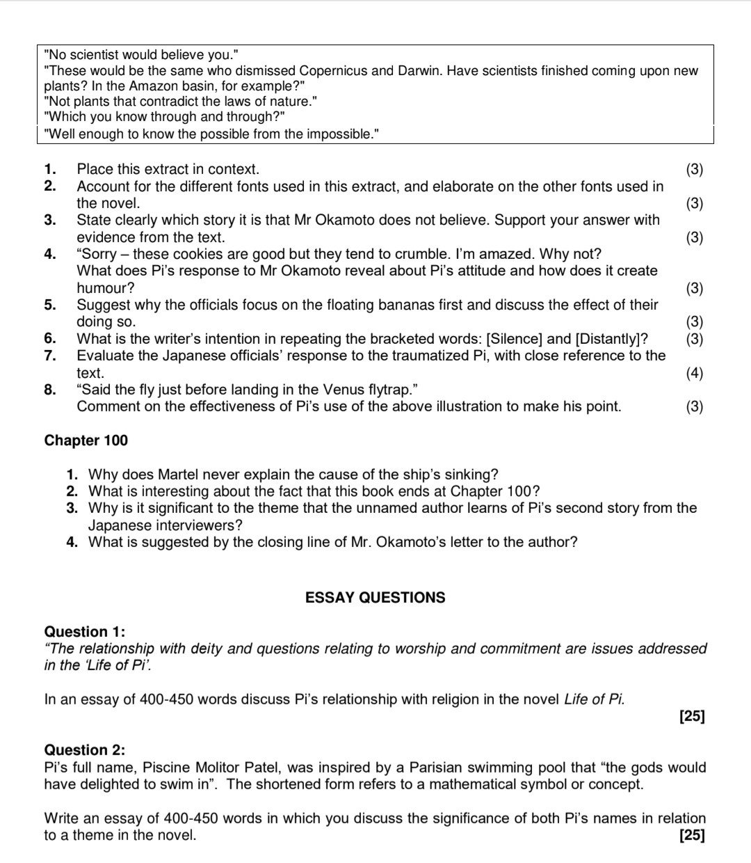 Life of PI Essay and Contextual Revision Questions and Answers - Image 4